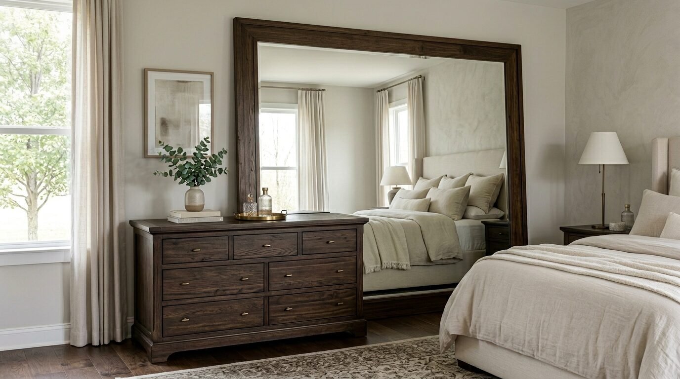 Dark stained wood dresser topped with decor next to a massive floor-to-ceiling mirror reflecting the bed.