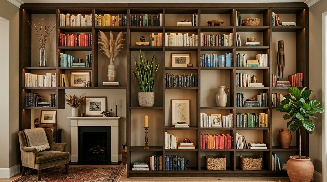 Massive dark wood library unit featuring a built-in fireplace, assorted books, plants, and framed artwork.