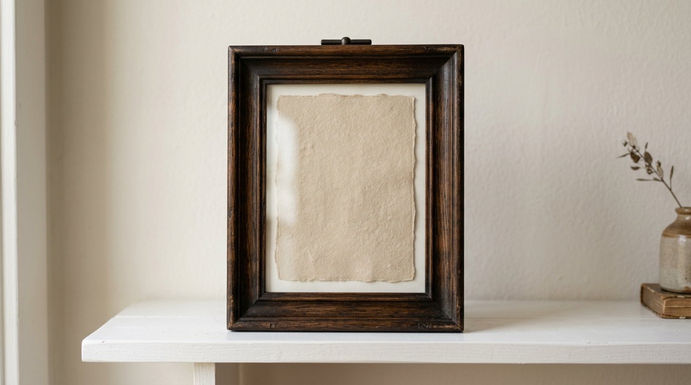 A vertical wooden frame with textured cream-colored paper sitting on a white shelf next to a small vase.