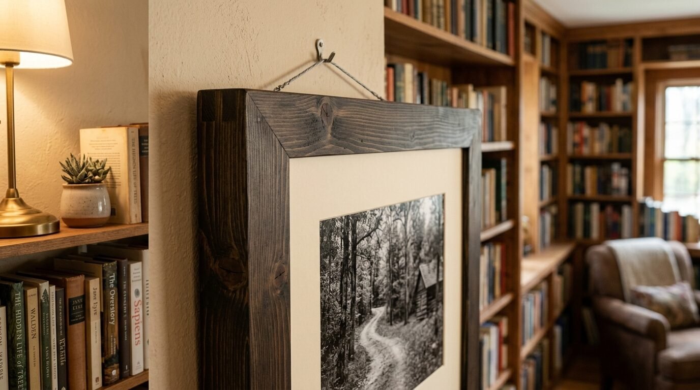 Close up of a black and white nature photograph in a heavy dark wooden frame hanging on a wall next to bookshelves.