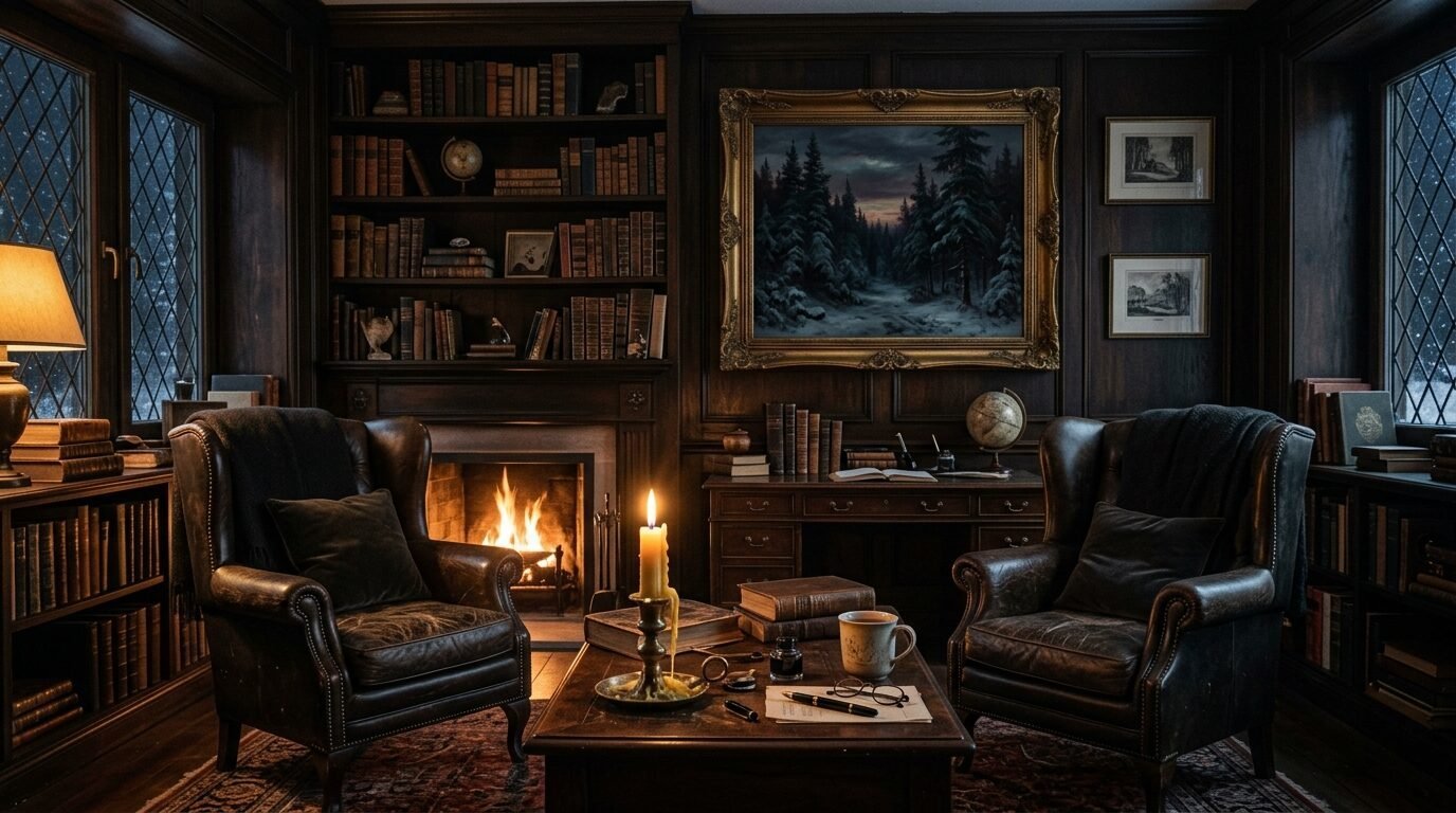 Two brown leather wingback chairs face a lit fireplace in a dimly lit study with bookshelves and a forest painting.