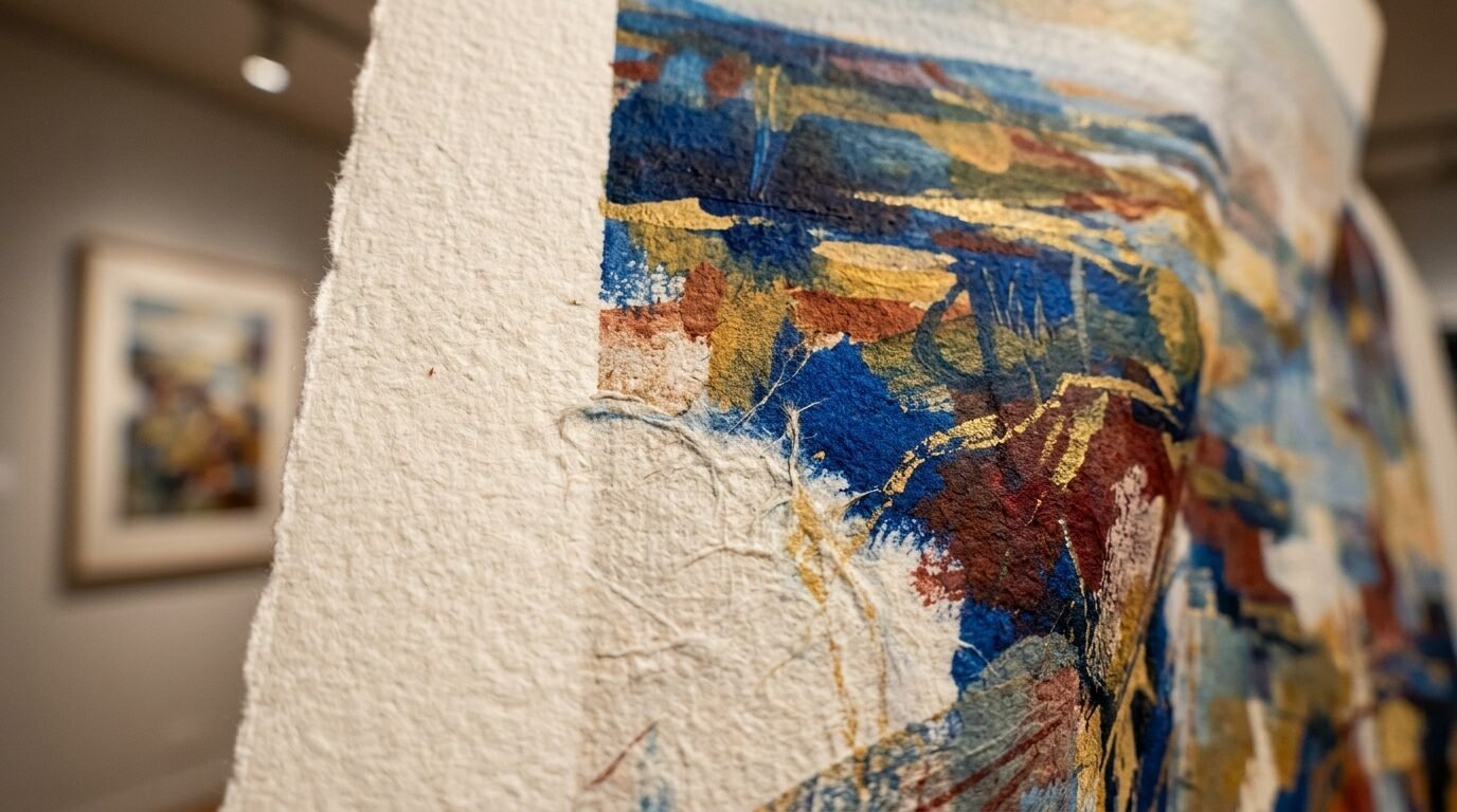 Textured paper artwork with blue, gold, and red paint, featuring a rough, uneven deckle edge in a gallery setting.