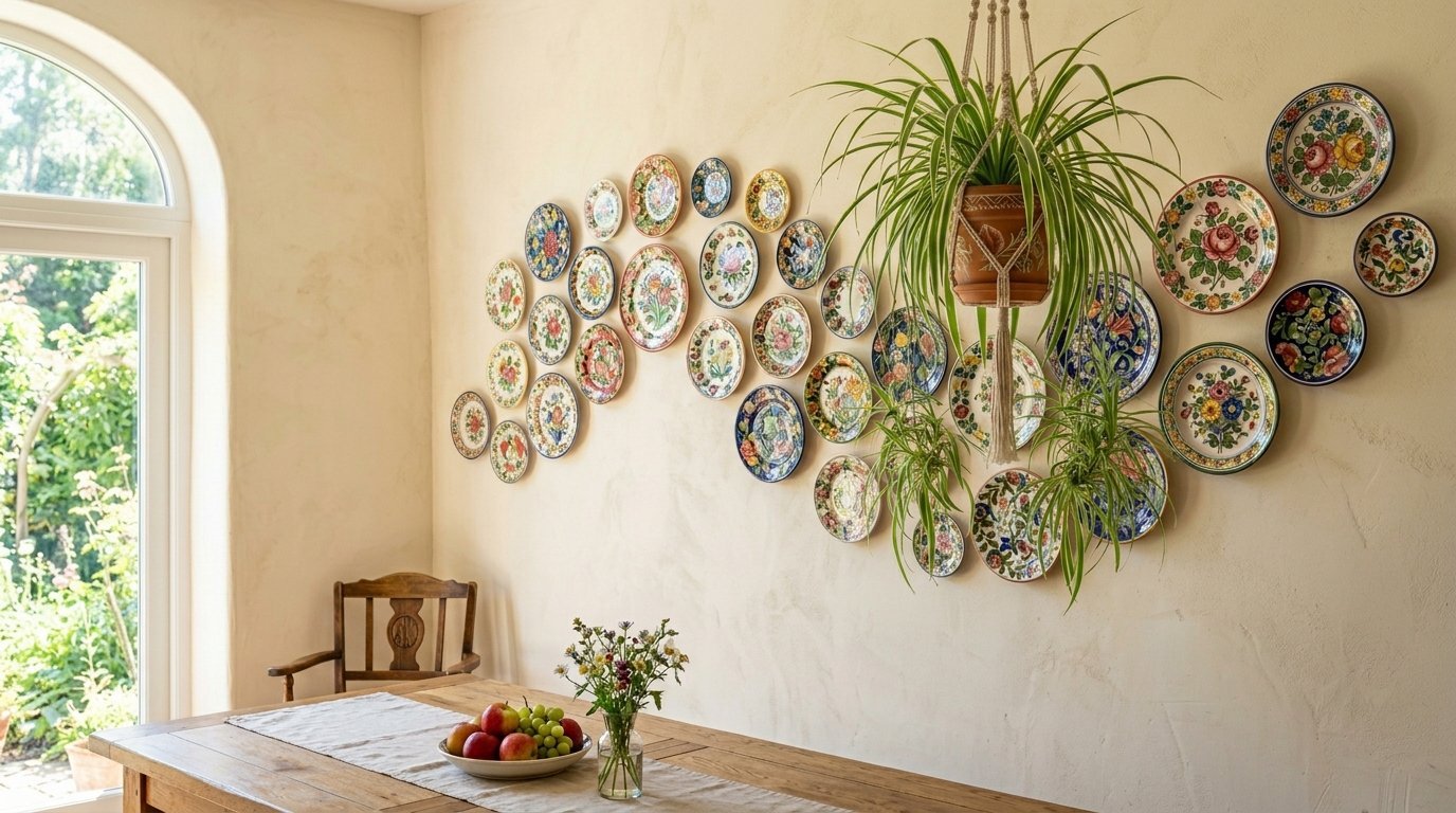 Colorful hand-painted ceramic plates arranged on a neutral wall with hanging spider plants above a dining table.
