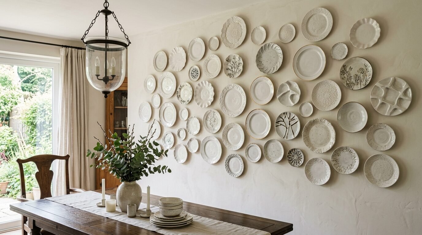 Many different white textured plates hung on a beige dining room wall above a wooden table.