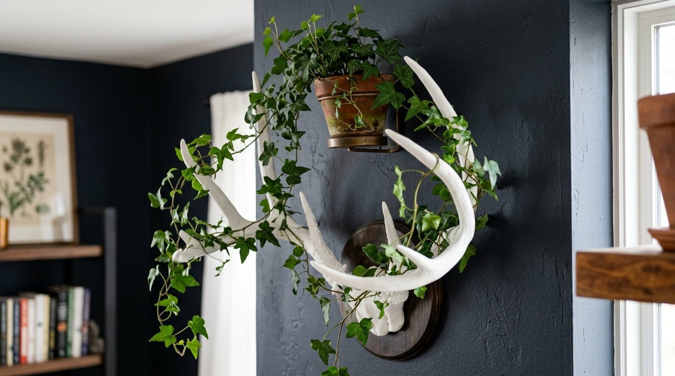 Decorative white deer antlers mounted on a dark wall with a potted ivy plant growing through the tines.