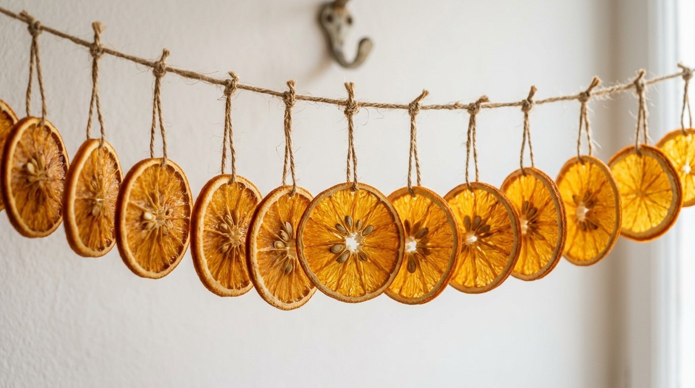 A string of translucent dehydrated orange slices tied with twine hanging against a plain white wall.