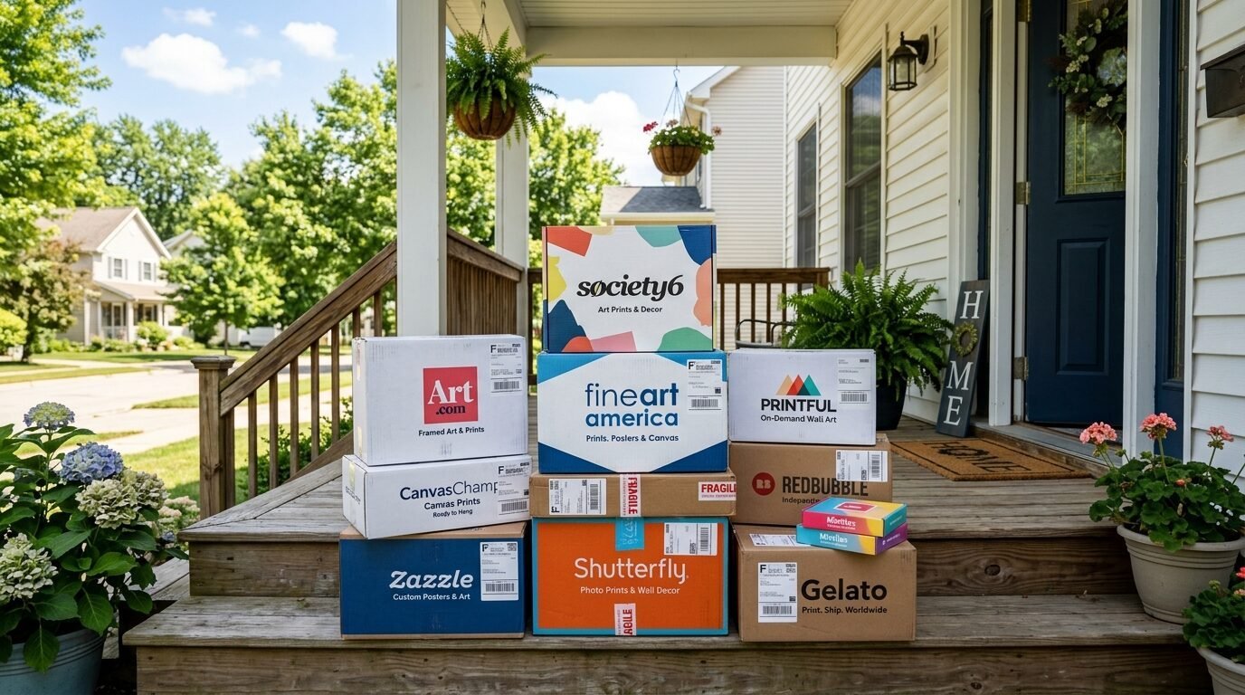 Collection of branded shipping parcels from art and photo retailers sitting on a suburban front porch.