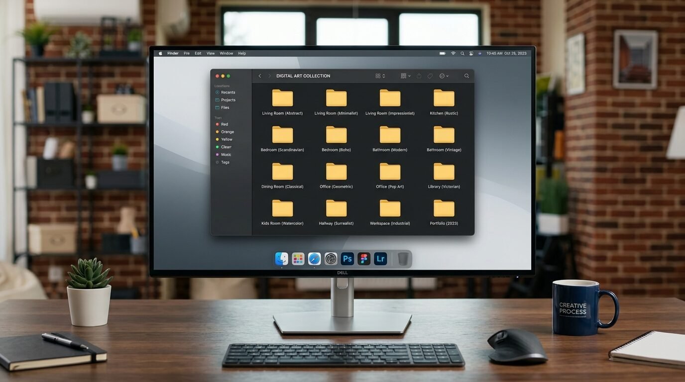 Close up of a Dell monitor showing a dark mode finder window with multiple folders labeled by interior design style.