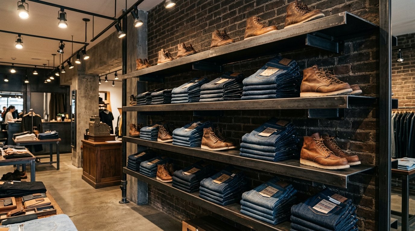 Retail store shelves displaying stacks of blue jeans and brown leather work boots against a dark brick wall.