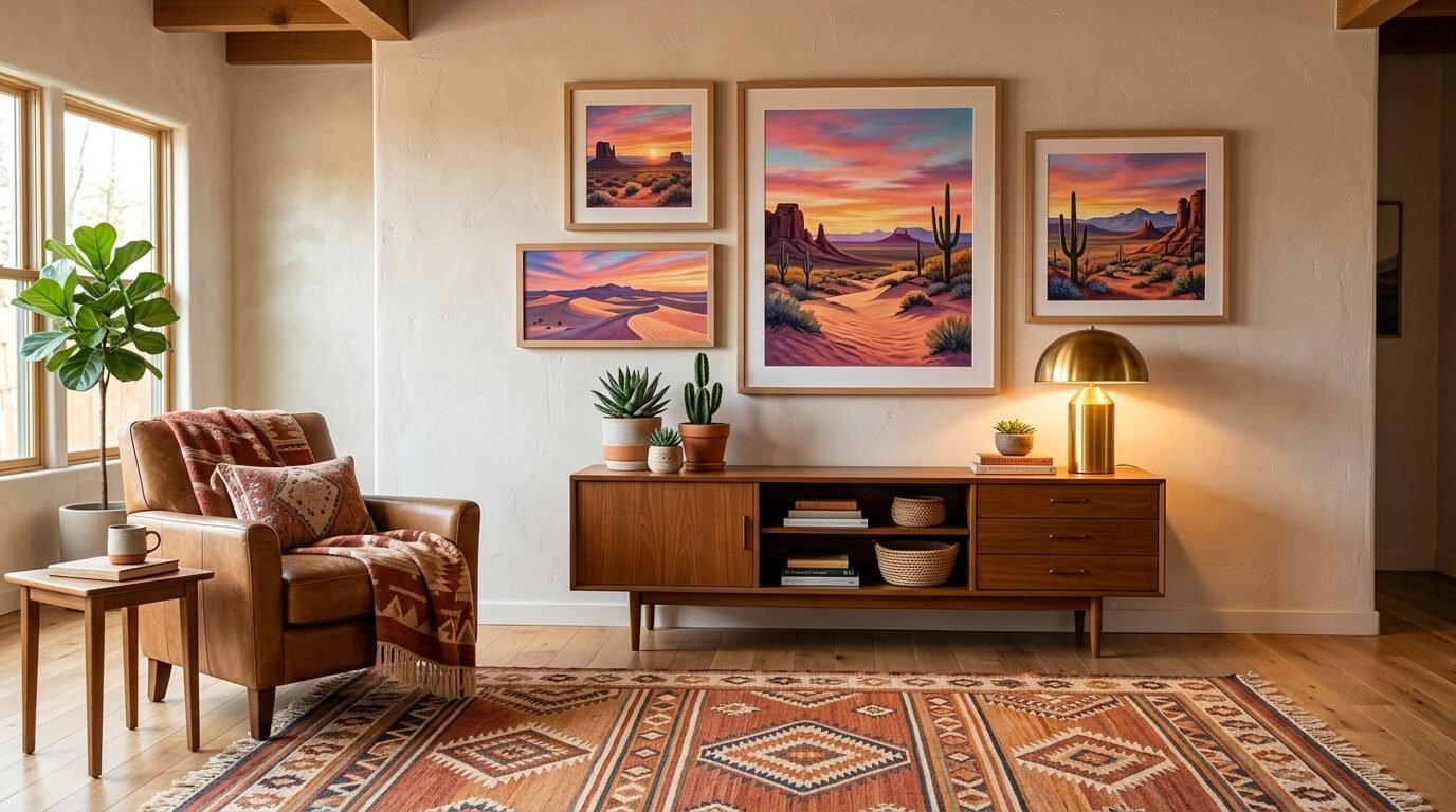 A leather armchair next to a wooden console table displaying desert landscape prints in a warm, rustic living room.