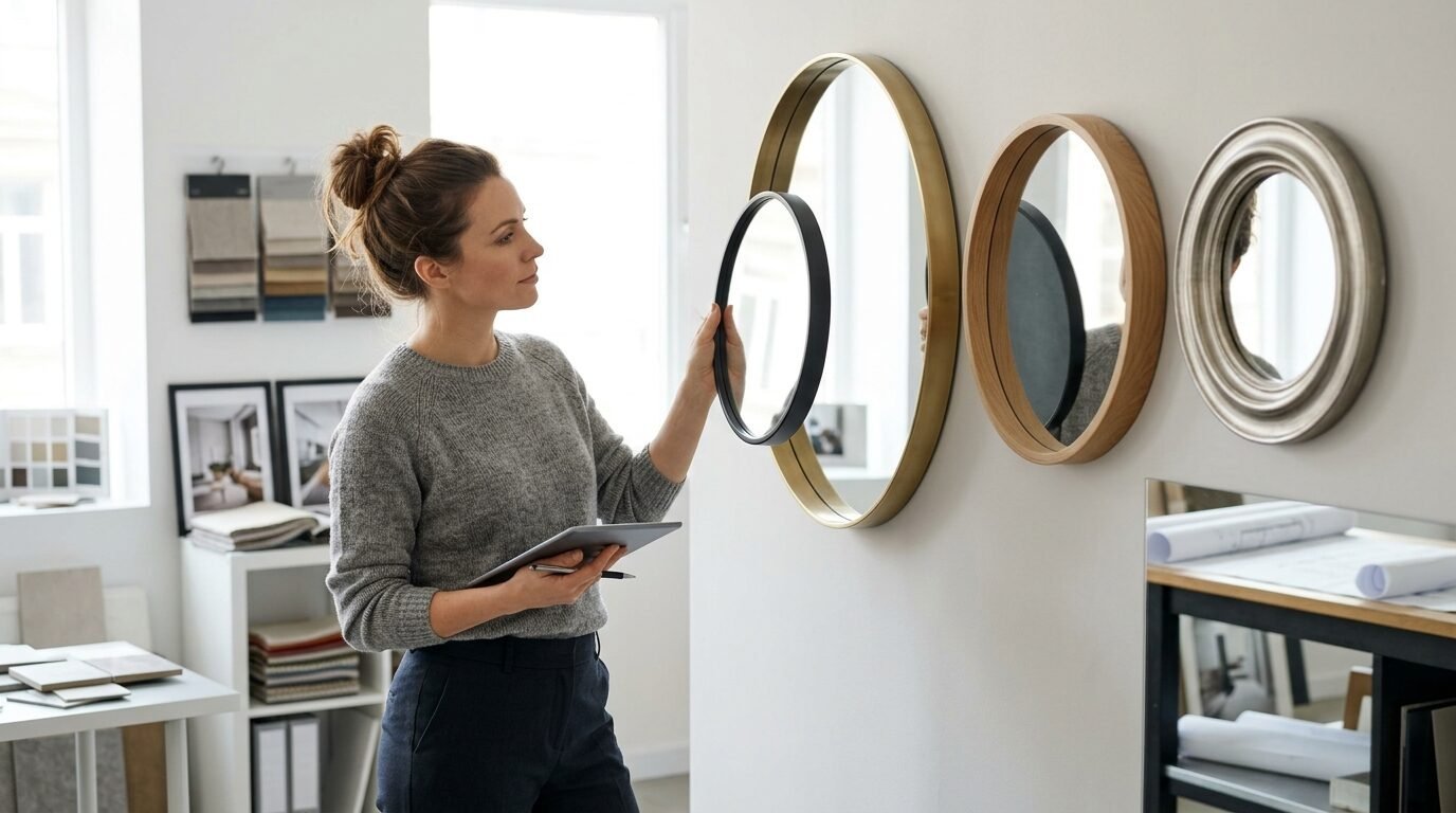 A woman holding a tablet examines various round wall mirrors hanging in a design studio.
