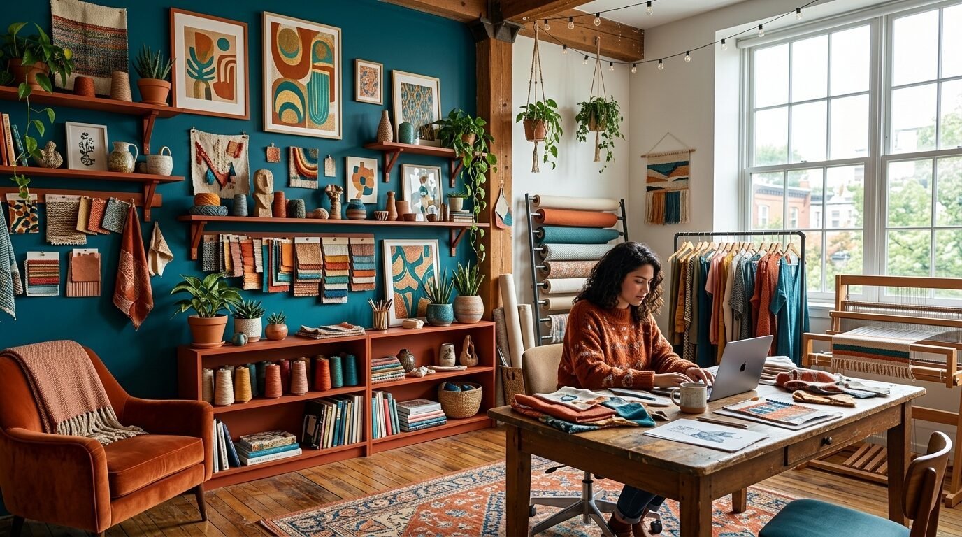 Woman with curly hair sitting at a wooden desk in a teal-walled office filled with art, fabrics, and craft supplies.