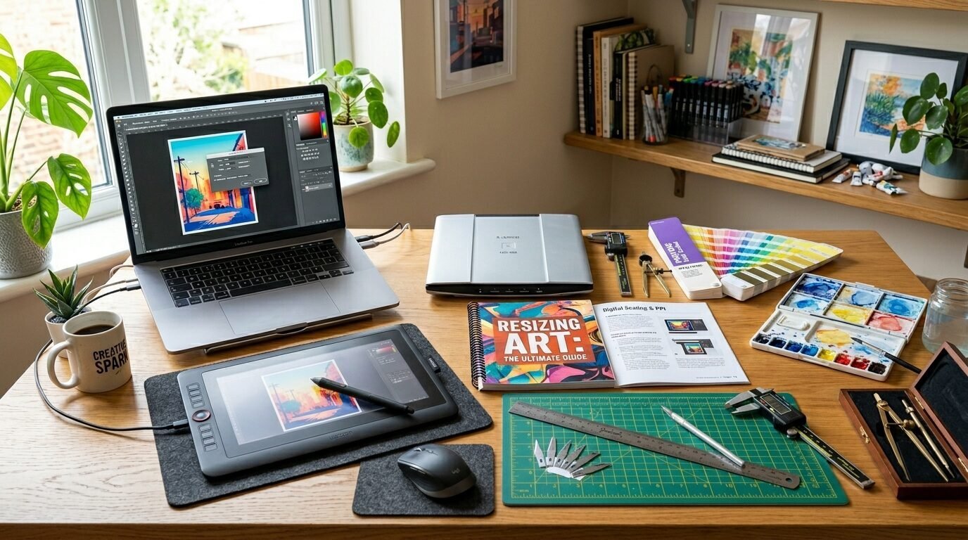 A desk with a laptop, graphics tablet, art books, watercolor set, and precision tools for digital and traditional art.