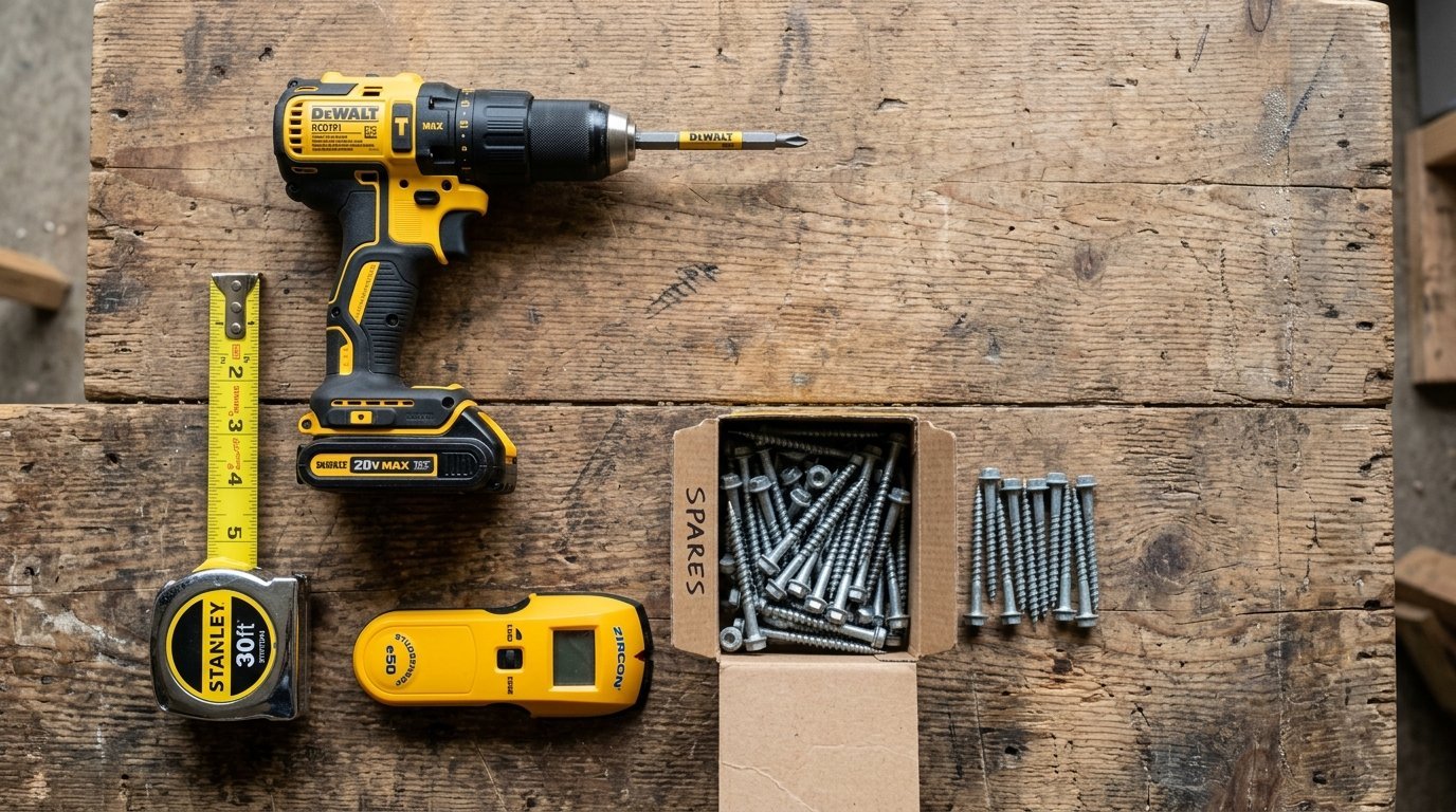 A yellow Dewalt drill, Stanley tape measure, stud finder, and a box of screws arranged on a rustic wooden workbench.