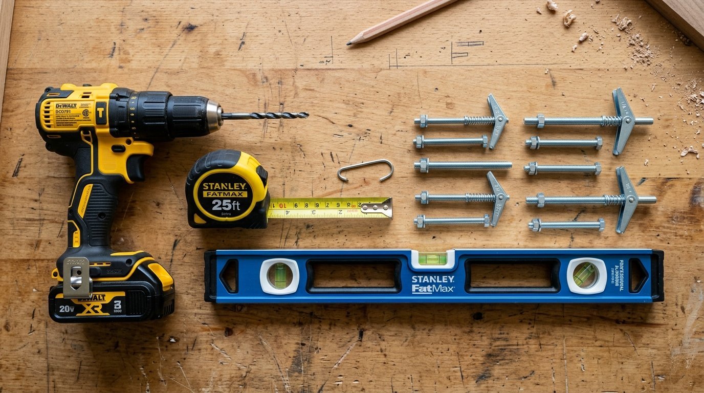 A yellow DeWalt drill, Stanley tape measure, level, and various metal toggle bolts on a wood surface.