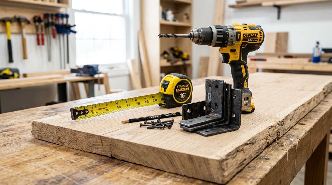 A yellow Dewalt drill, Stanley tape measure, metal brackets, and screws placed on a wooden board.