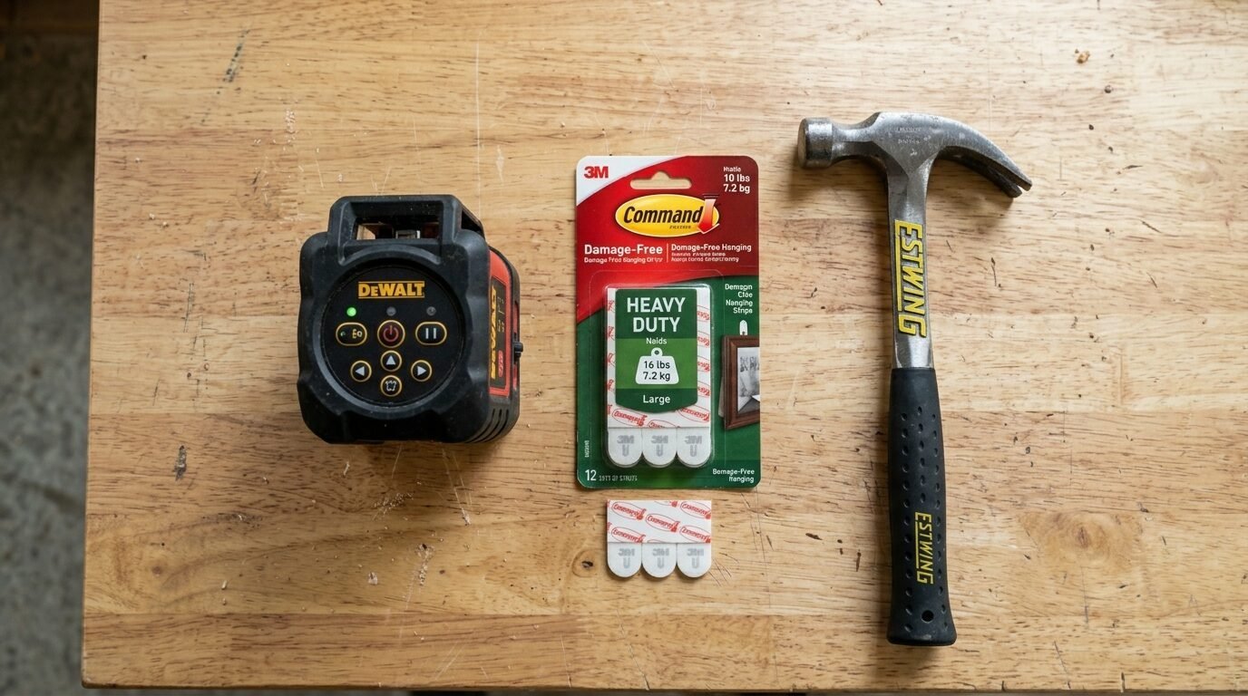 A Dewalt laser level, a package of heavy-duty adhesive strips, and a steel Estwing hammer on a wooden workbench.