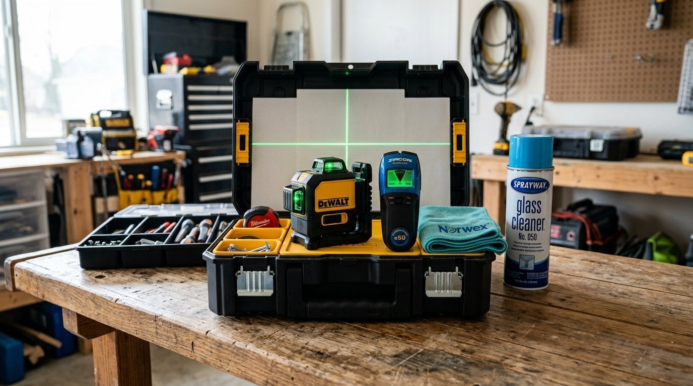 A black DeWalt laser level and Zircon wall scanner sit on an open plastic storage case with a green crosshair projected.