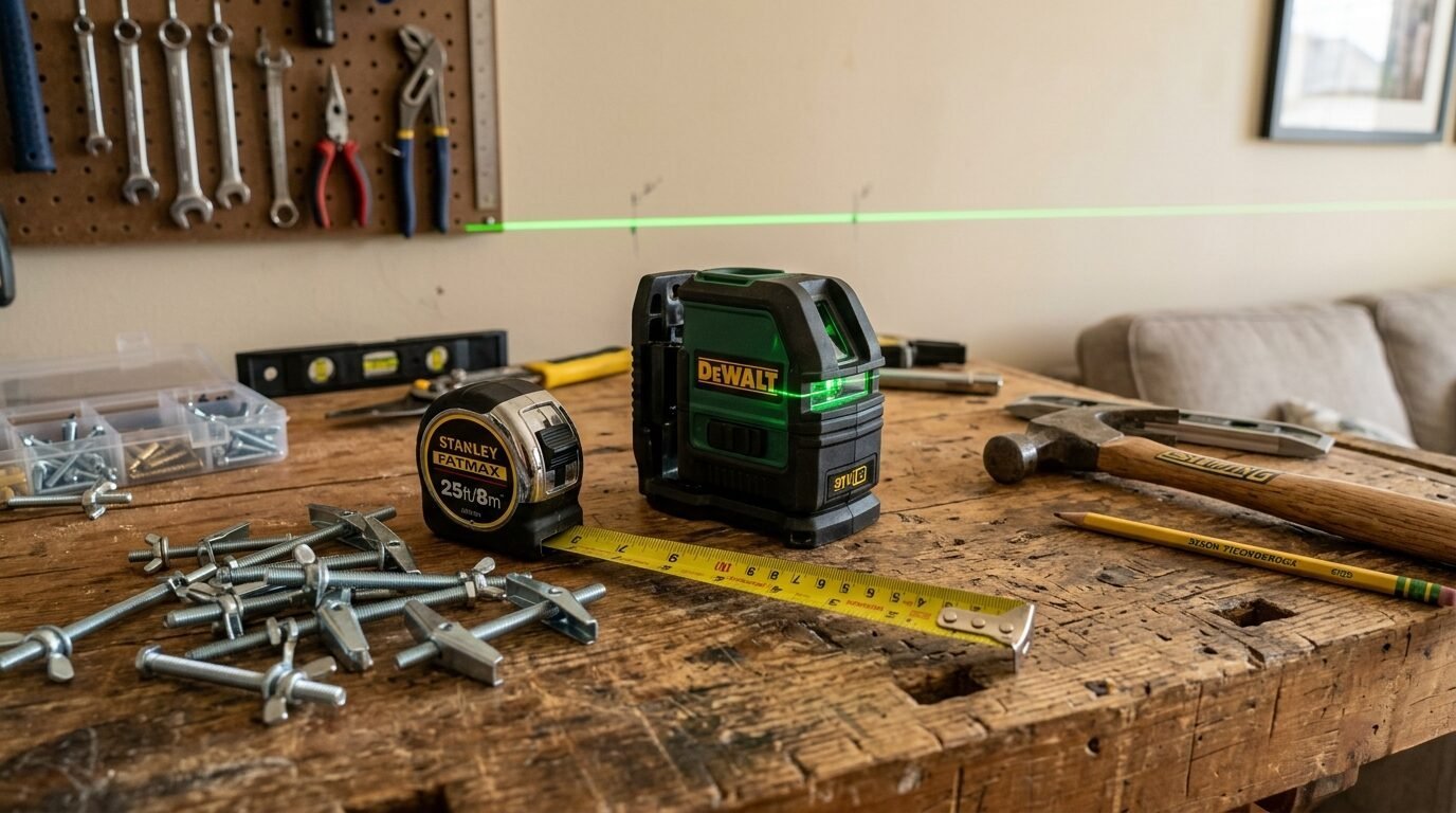 Dewalt laser level sits on a wooden workshop table with a tape measure, hammer, and various hardware pieces.