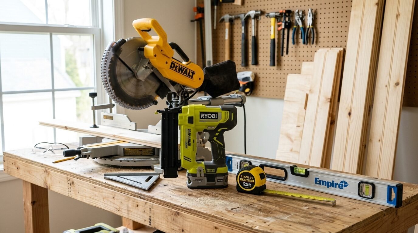A yellow Dewalt miter saw and green Ryobi nail gun sitting on a wooden workbench with measuring tools nearby.