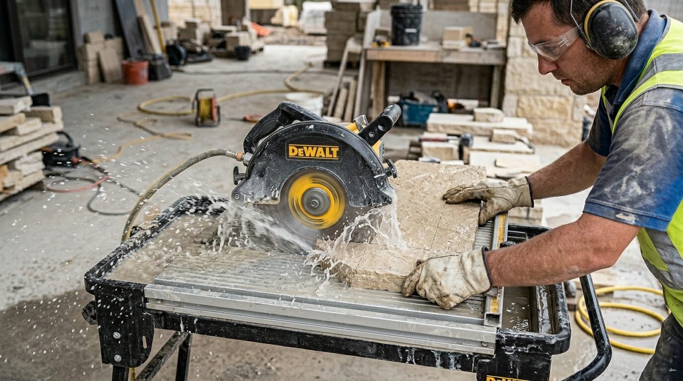 Man wearing safety gear and work gloves uses a water-cooled masonry saw to cut a stone slab on a job site.