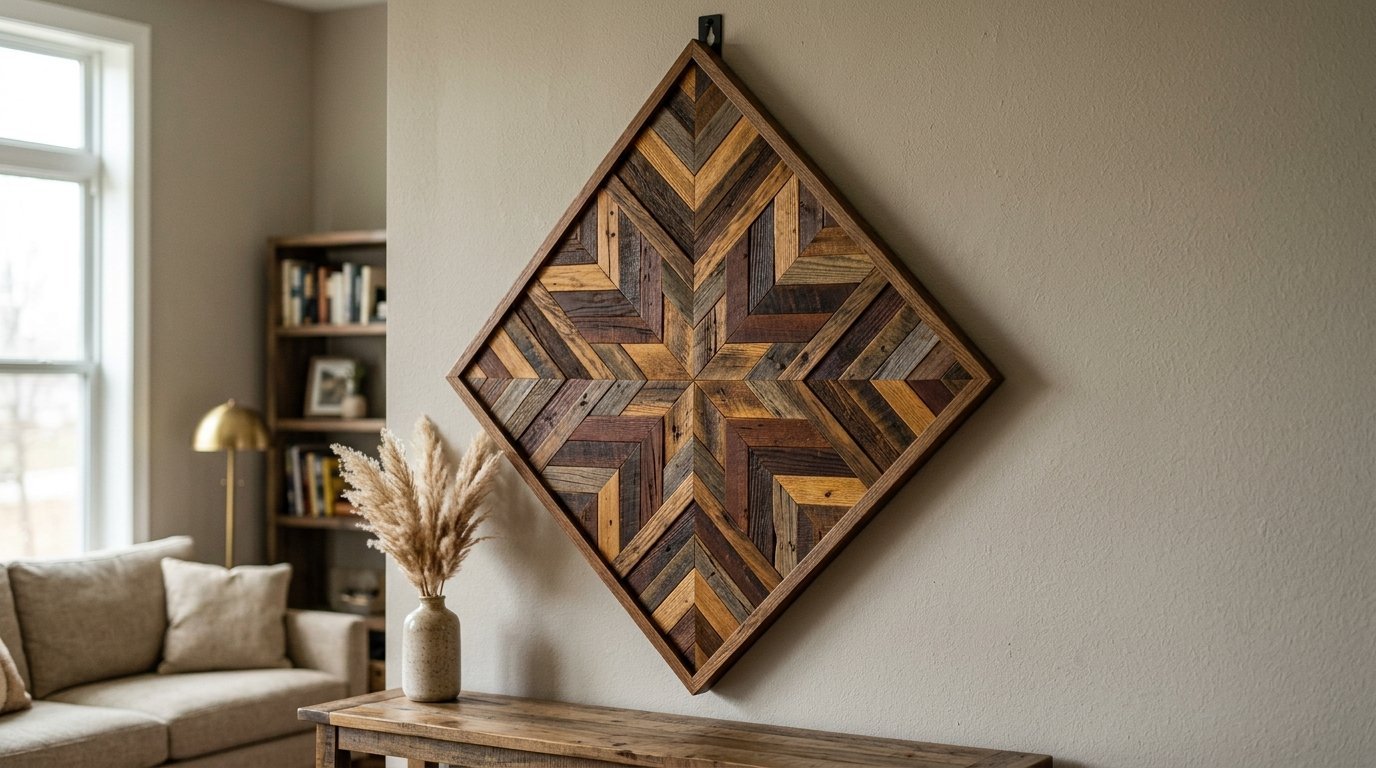 Diamond-shaped wall sculpture made of multi-toned wooden slats in a chevron pattern.