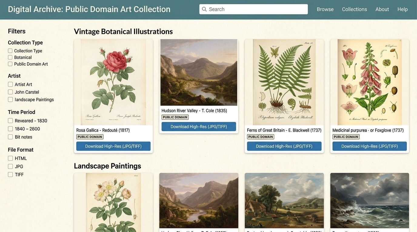 Browser view of a digital archive website displaying antique plant illustrations and landscape oil paintings.