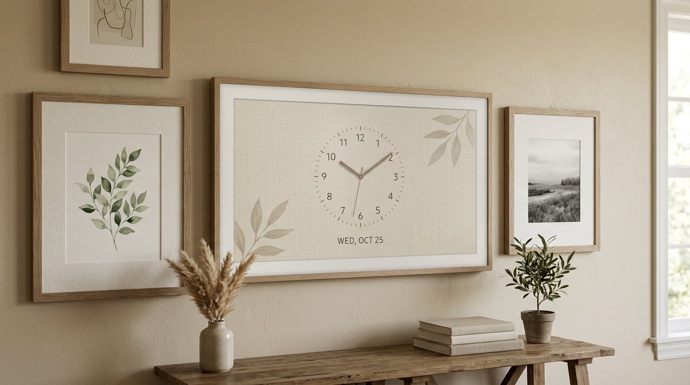 Digital wall clock screen mounted on beige wall surrounded by nature-themed framed artwork and a wooden console table.