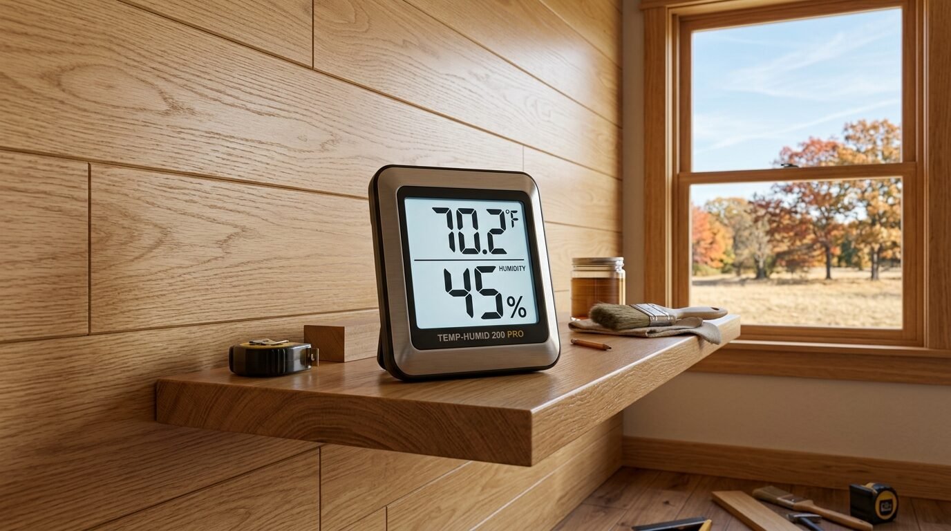 A silver digital thermometer reading 70.2 degrees and 45 percent humidity on a light oak workshop ledge.