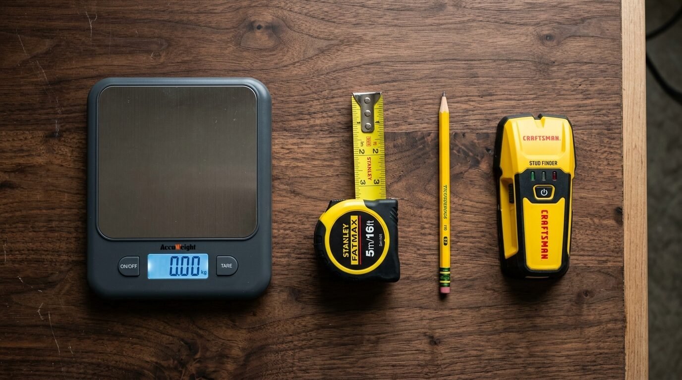 A flat lay of a dark kitchen scale, Stanley tape measure, pencil, and yellow Craftsman stud finder on a wood surface.
