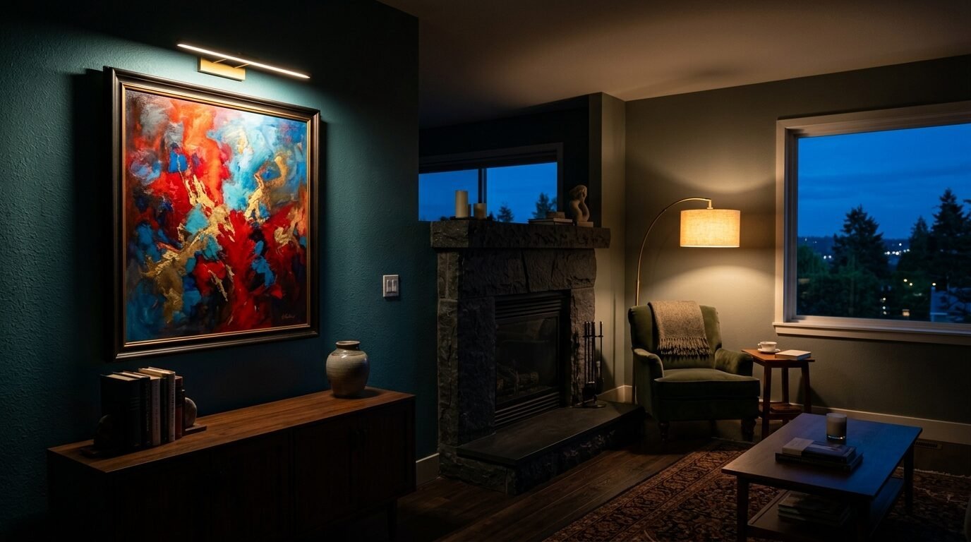 A moody living room featuring a vibrant abstract painting, stone fireplace, and a comfortable green reading chair.