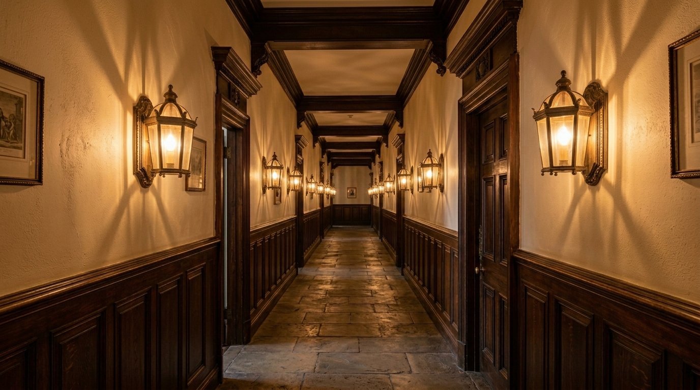 Perspective view of a dark wood paneled hallway featuring stone floors and warm lantern lights casting shadows.