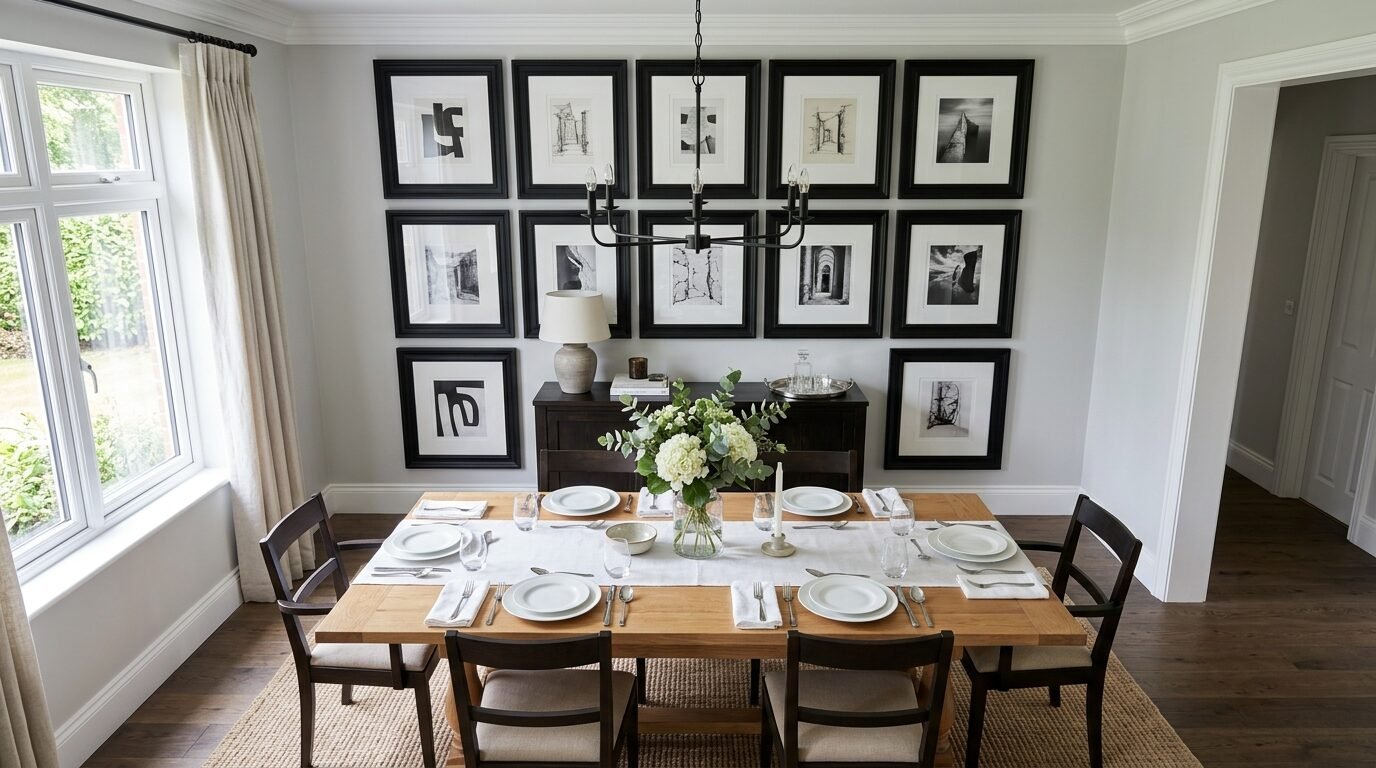 Modern dining table set for guests below a wall with twelve framed black and white abstract prints.