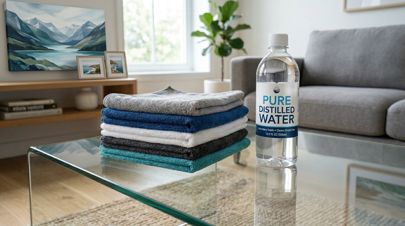 Bottle of pure distilled water placed on a glass table beside a neat stack of colorful microfiber cleaning cloths.