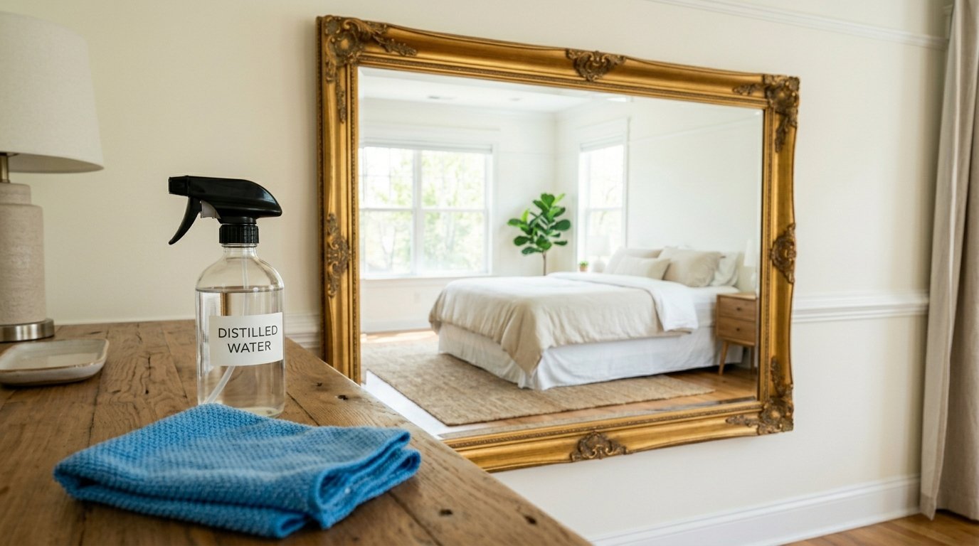Cleaning supplies including a water spray bottle and blue cloth sit on a wooden surface in front of a gold mirror.