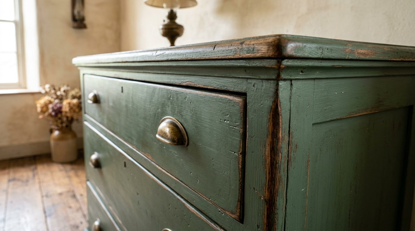Close-up of a weathered green wooden dresser featuring brass hardware in a sunlit room.