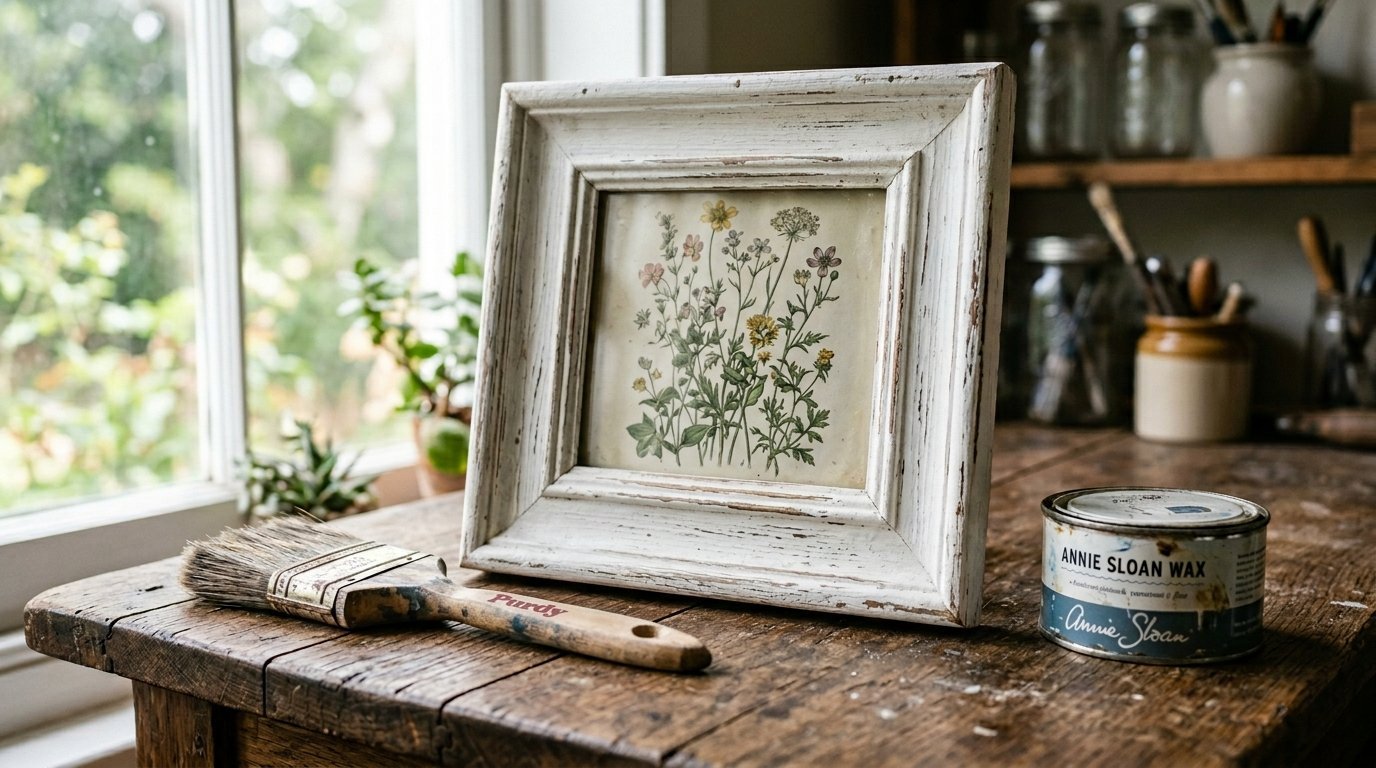 A wooden picture frame with white chippy paint holds a wildflower illustration on a wooden workbench with a paintbrush.