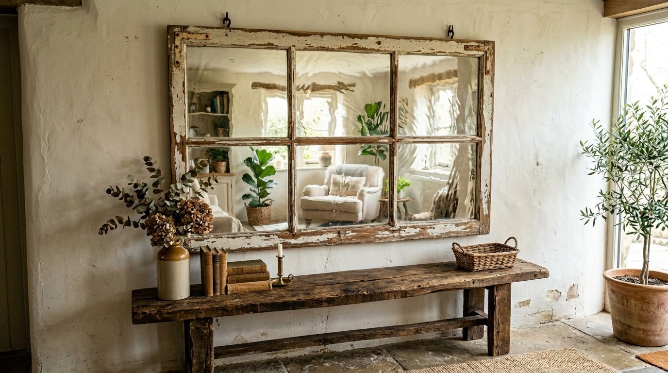 Vintage distressed window frame mirror mounted on a white textured wall over a rustic wood entryway bench.