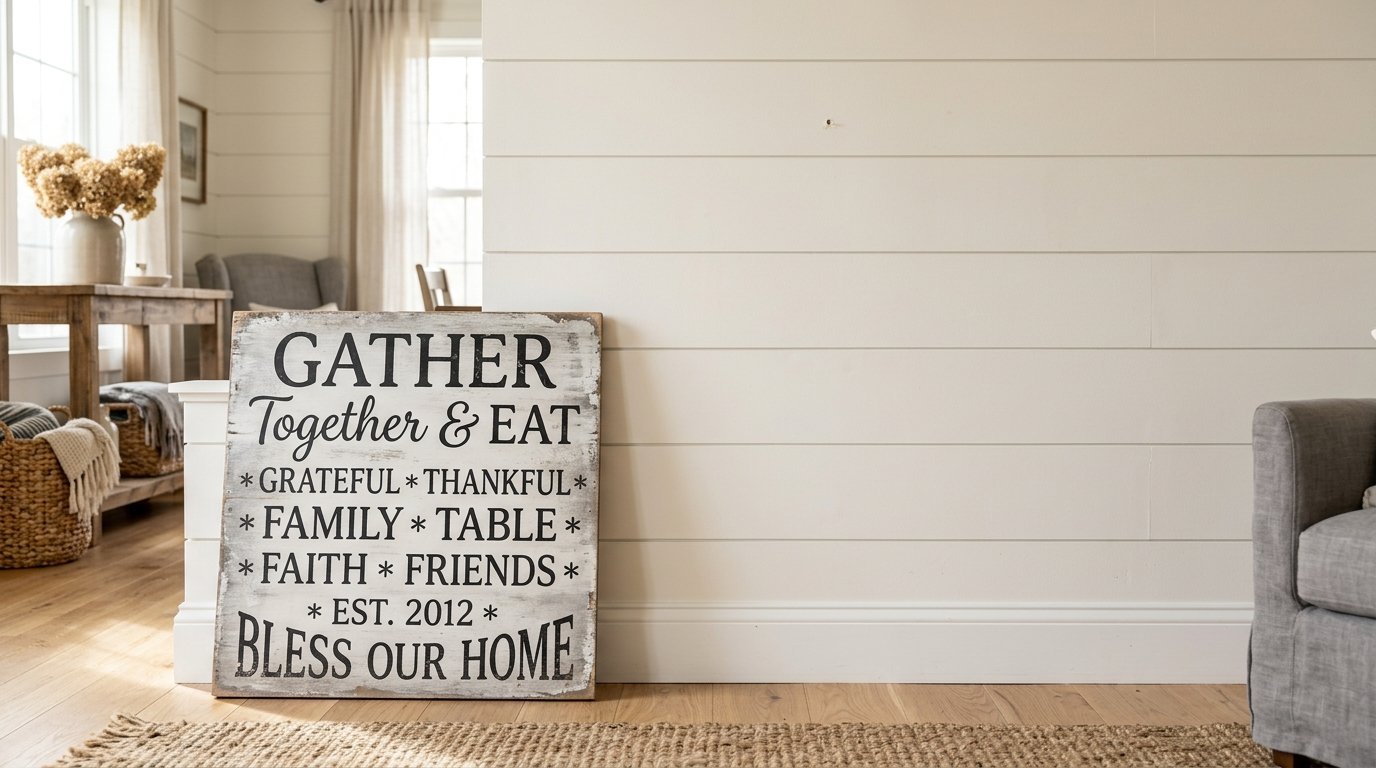 A square distressed sign saying Gather Together and Eat placed on a floor in a bright farmhouse style living room.