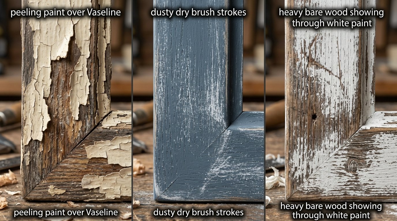 Close-up of wooden frame samples displaying peeling paint, dry brush weathering, and heavy wood grain distressing.