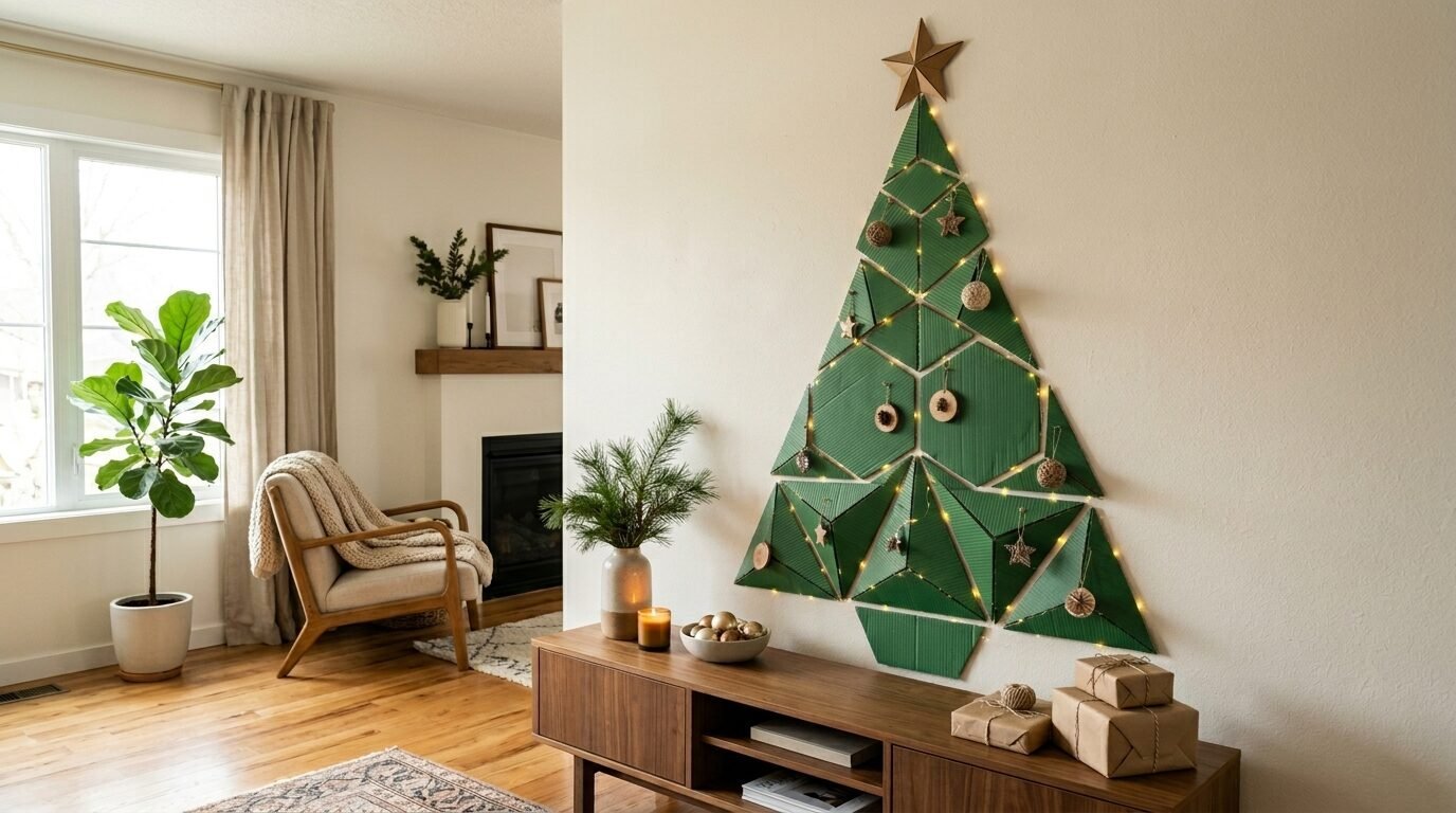 A decorative green geometric Christmas tree made of cardboard panels hangs on a wall above a wooden media console.