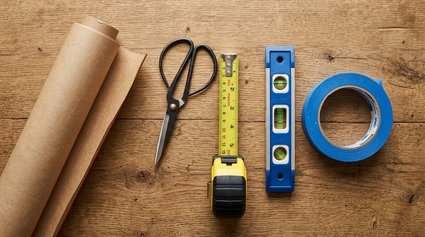 Top-down view of craft paper, scissors, tape measure, spirit level, and blue painter's tape on wood.