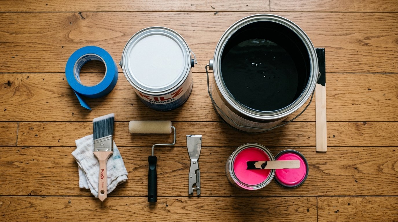 Flat lay of paint cans, brushes, blue tape, and tools arranged on a wooden floor.