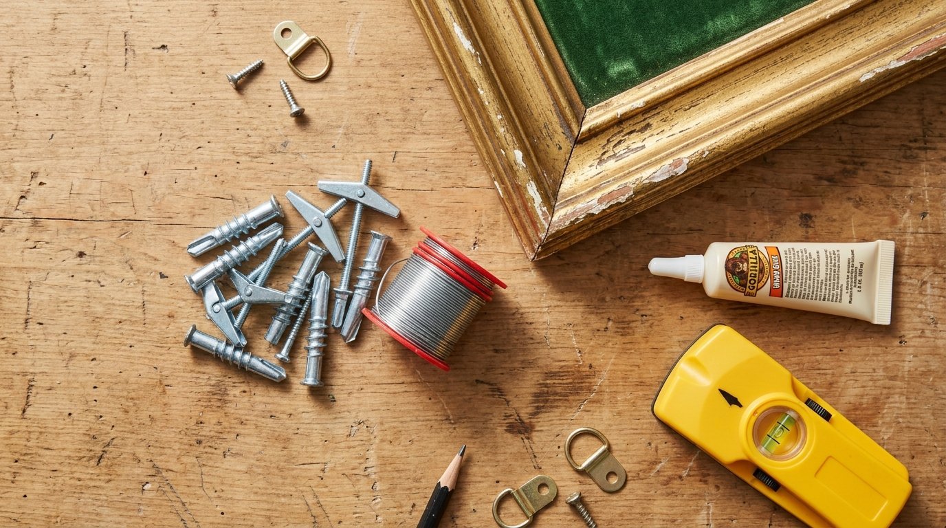 A flat lay of wall anchors, wire, wood glue, and a yellow level on a wooden workbench.