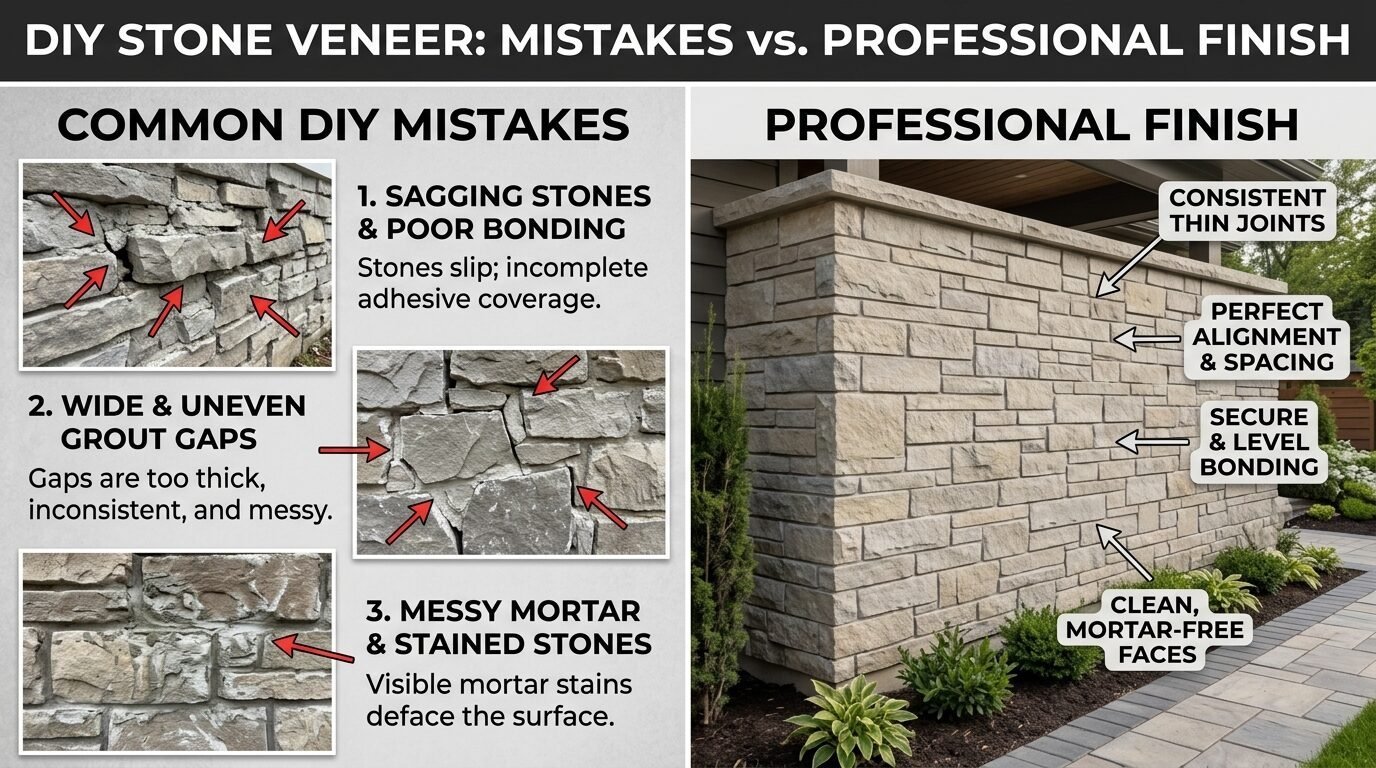 An infographic showing poor stone veneer installation with gaps and stains versus a clean, professional stone wall.