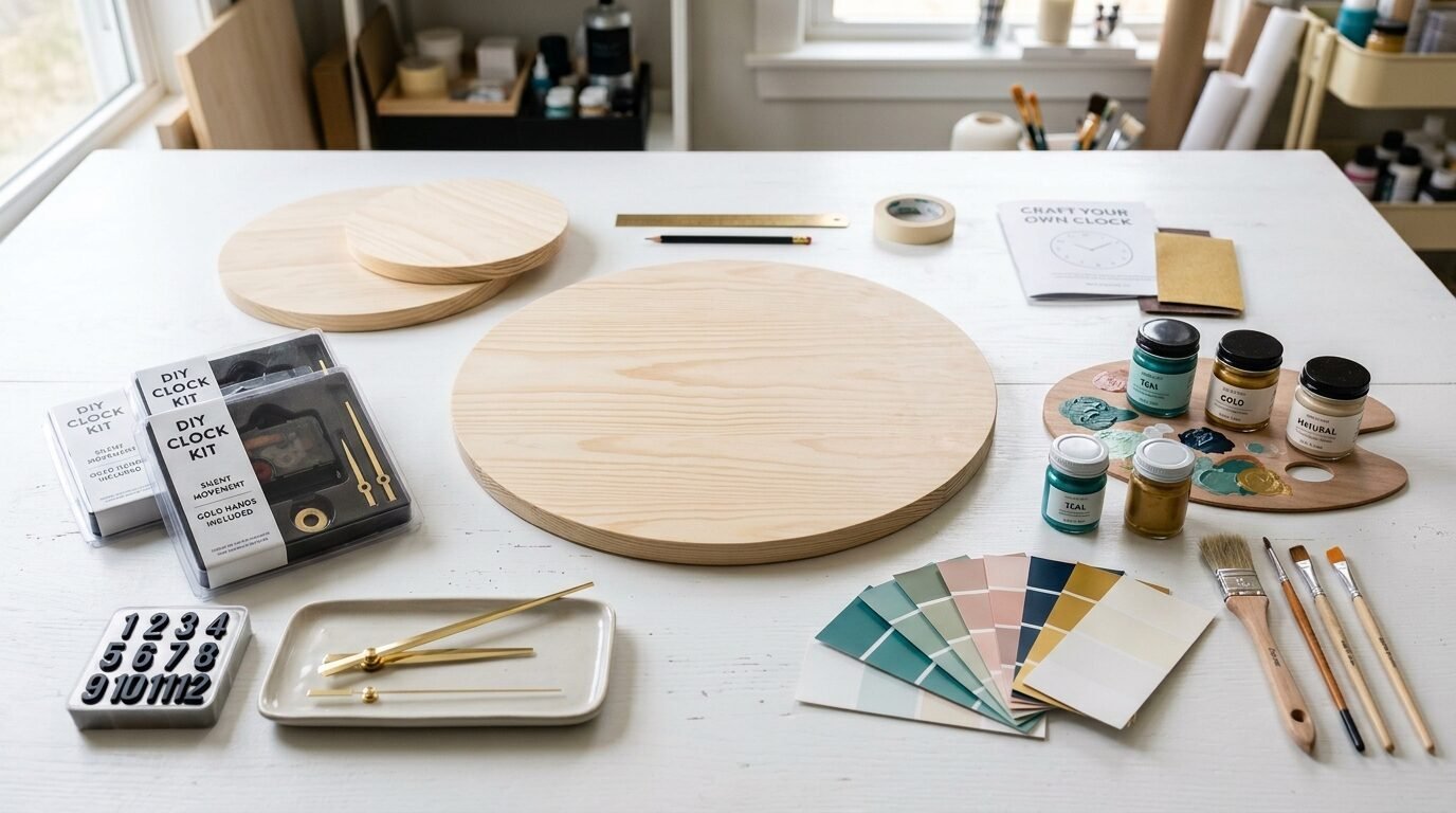 Round wooden boards, a DIY clock kit, paint jars, and color swatches on a white table for a craft project.