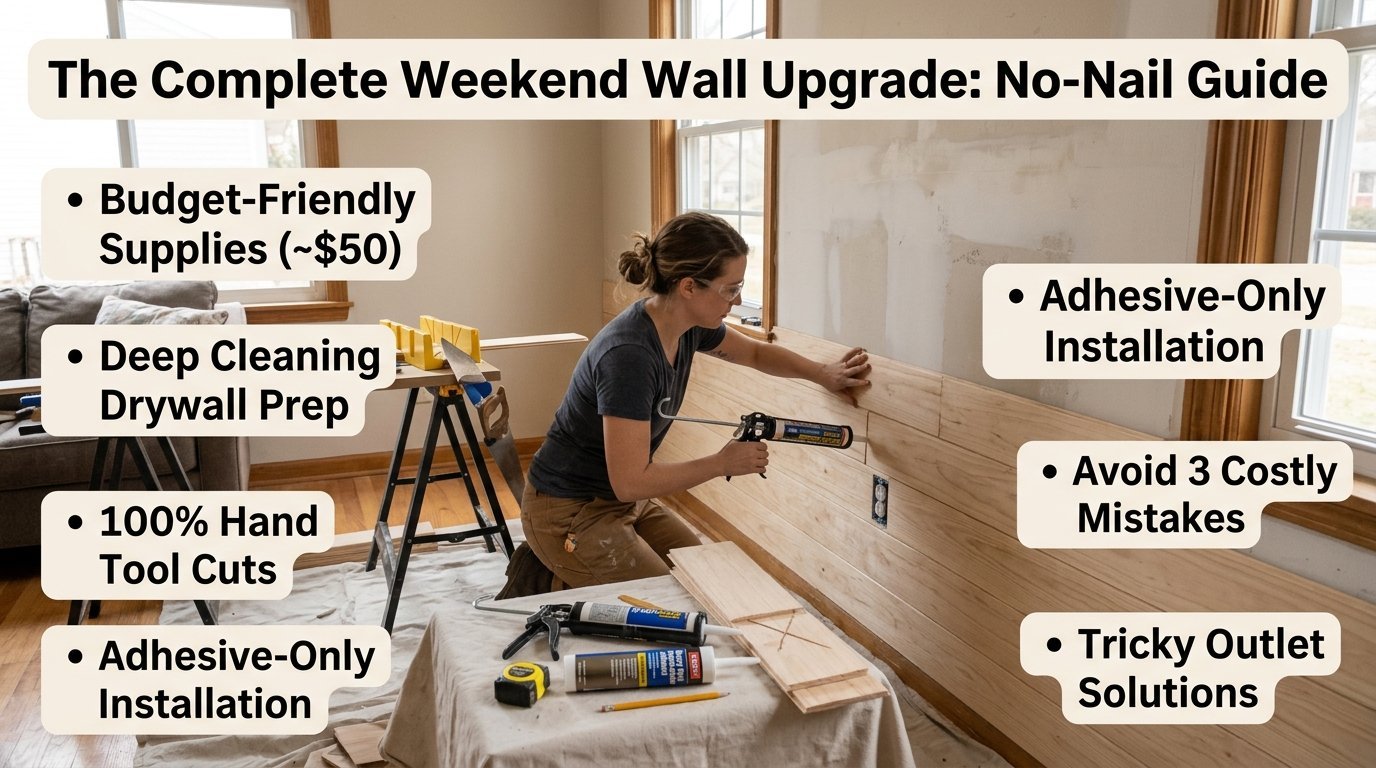 A woman wearing safety glasses applies glue to a wooden plank for a wall renovation project.