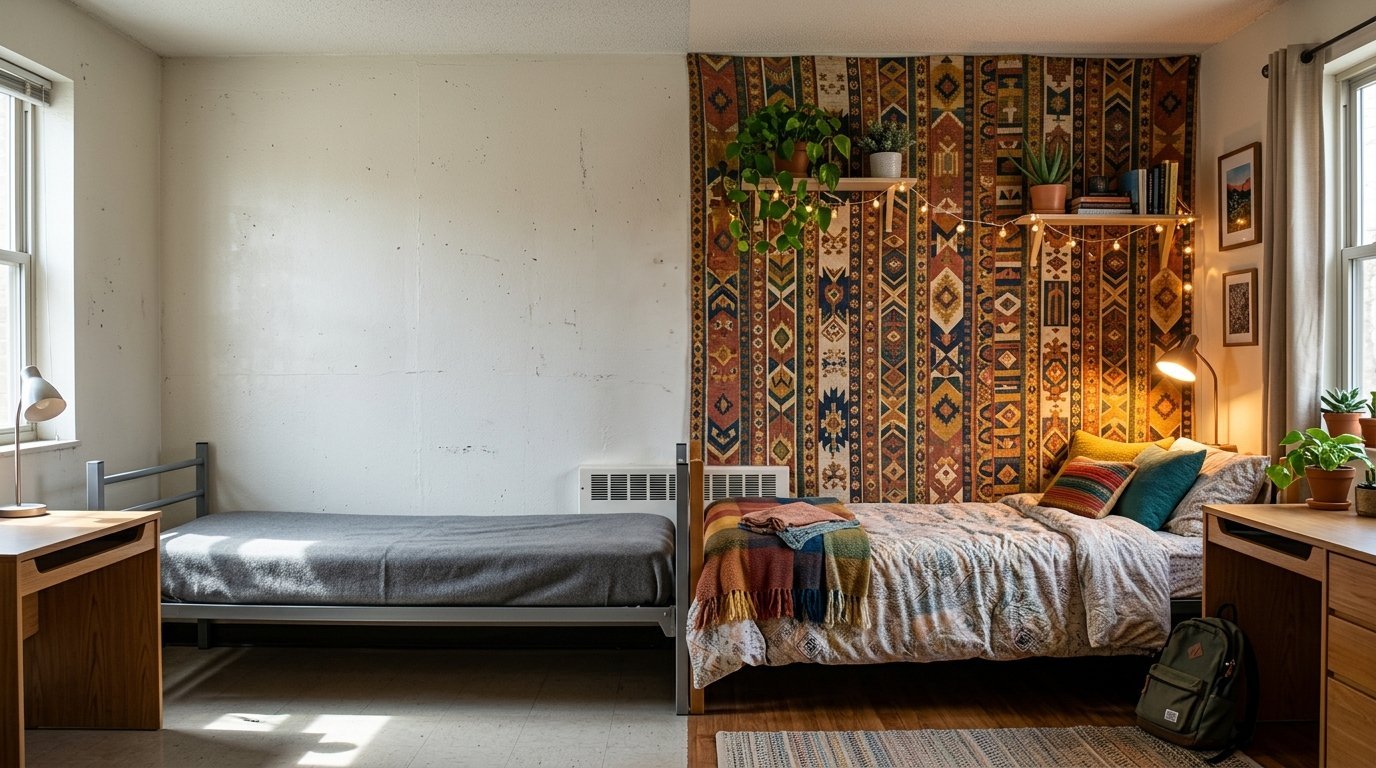 A shared dorm room with two beds, desks, and a colorful patterned fabric hanging behind one bed.