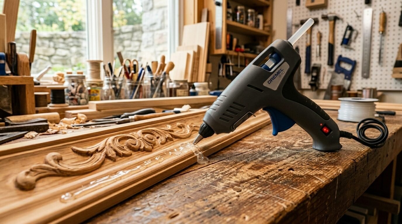 Close up of a gray Dremel glue gun dispensing adhesive onto a detailed carved wooden molding on a workbench.
