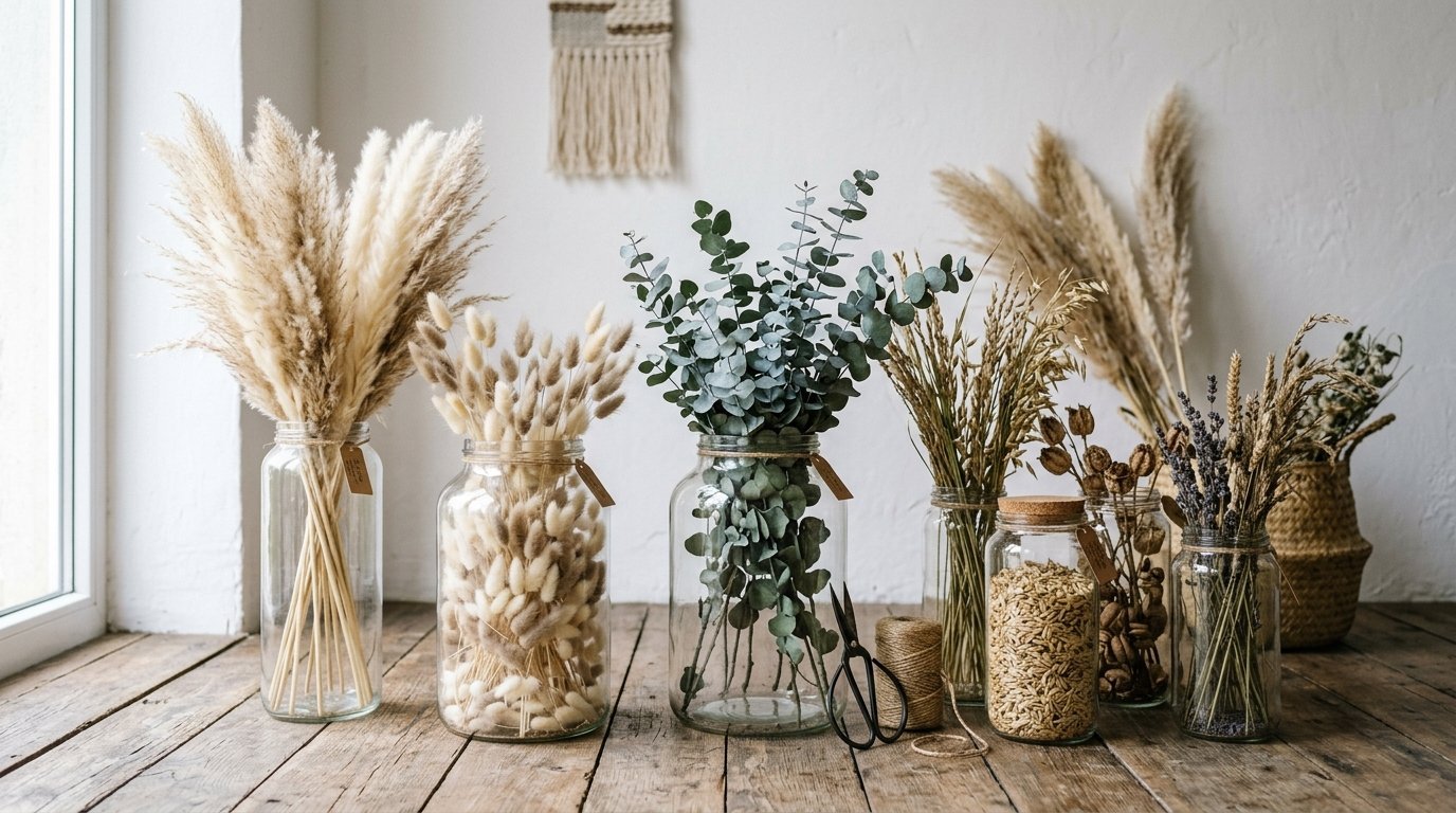 Collection of dried plants and grains displayed in clear glass jars on a wooden table.